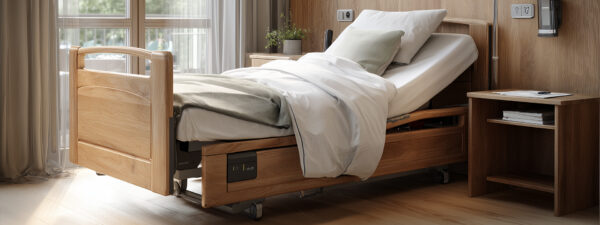 Adjustable wooden hospital bed in a sunlit patient room with a nightstand and window-curtains