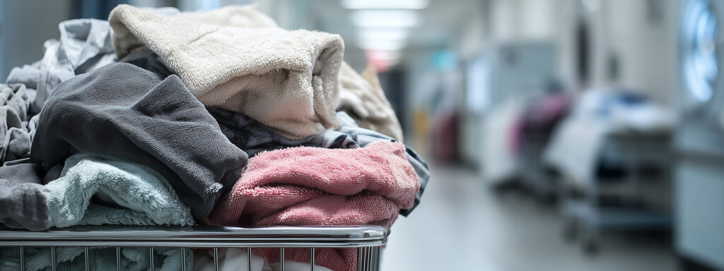 Pile of crumpled towels in a metal hospital laundry cart with a blurred clinical hallway in the background.