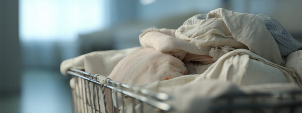 Metal laundry basket filled with beige and cream blankets and towels in a softly lit room