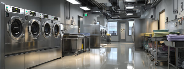 Industrial laundry room with multiple front‑loading stainless steel washing machines and dryers, carts of folded towels along the walls.