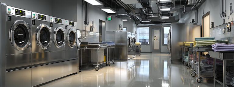 Industrial laundry room with multiple front‑loading stainless steel washing machines and dryers, carts of folded towels along the walls.