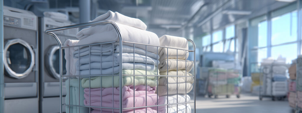 Cart filled with neatly folded towels in a bright laundromat with front-loading washing machines nearby