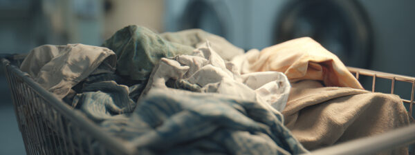 Pile of wrinkled clothes in a metal laundry basket in a dim laundry room setting.